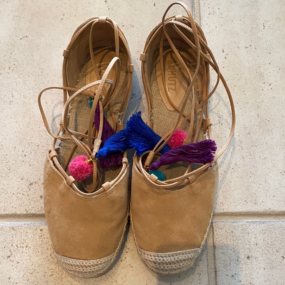 Schutz Brie lace up tassel Pom Pom flats size 9